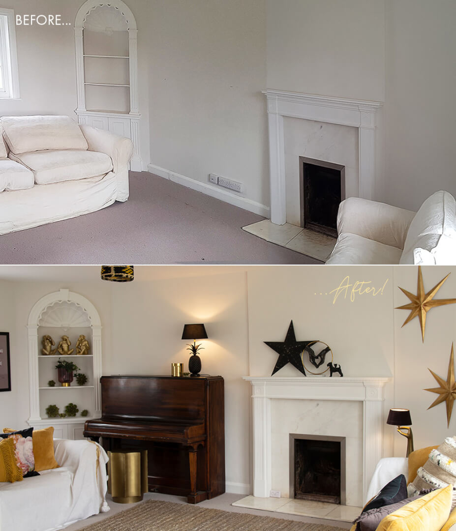 before and after plain living room and room with RSG products