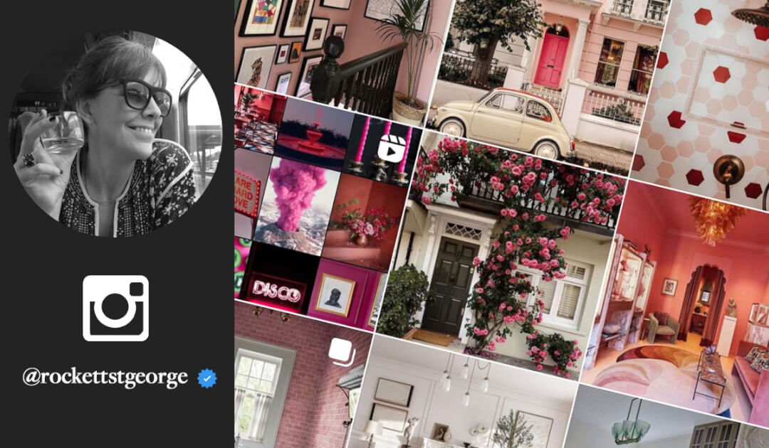 Jane Rockett's instagram account featuring a grid of 9 pink themed interiors
