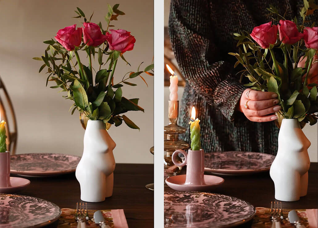 female torso vase at table setting with roses 