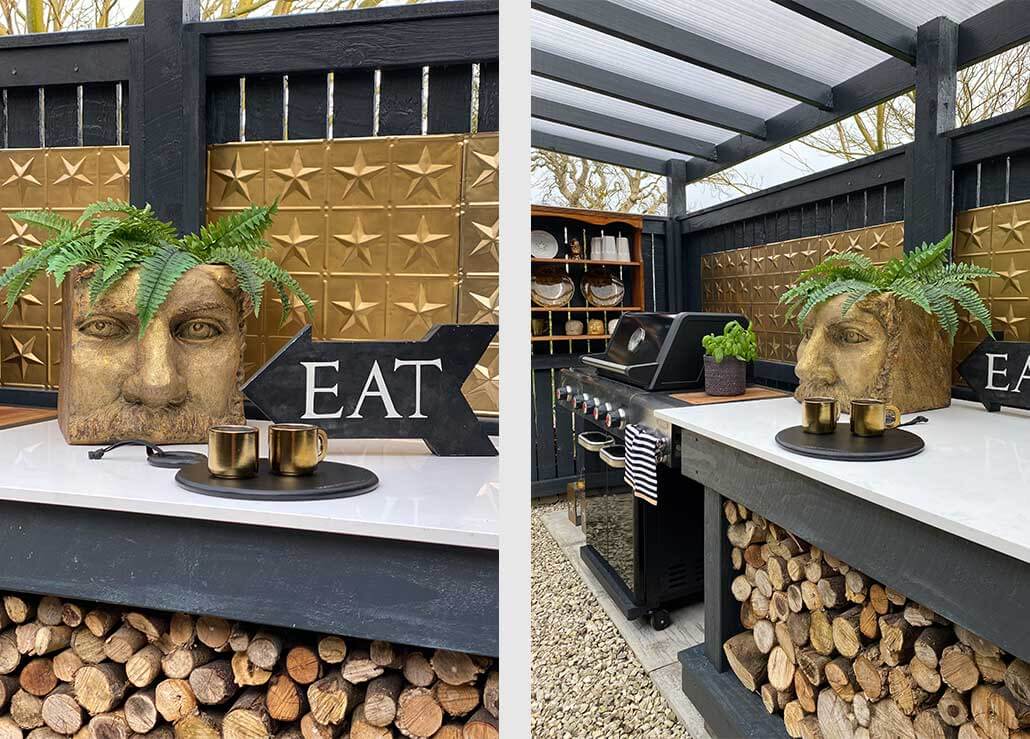 @sallydoessassy Outdoor Diner Design featuring the Large Gold Effect Classical Face Planter & 