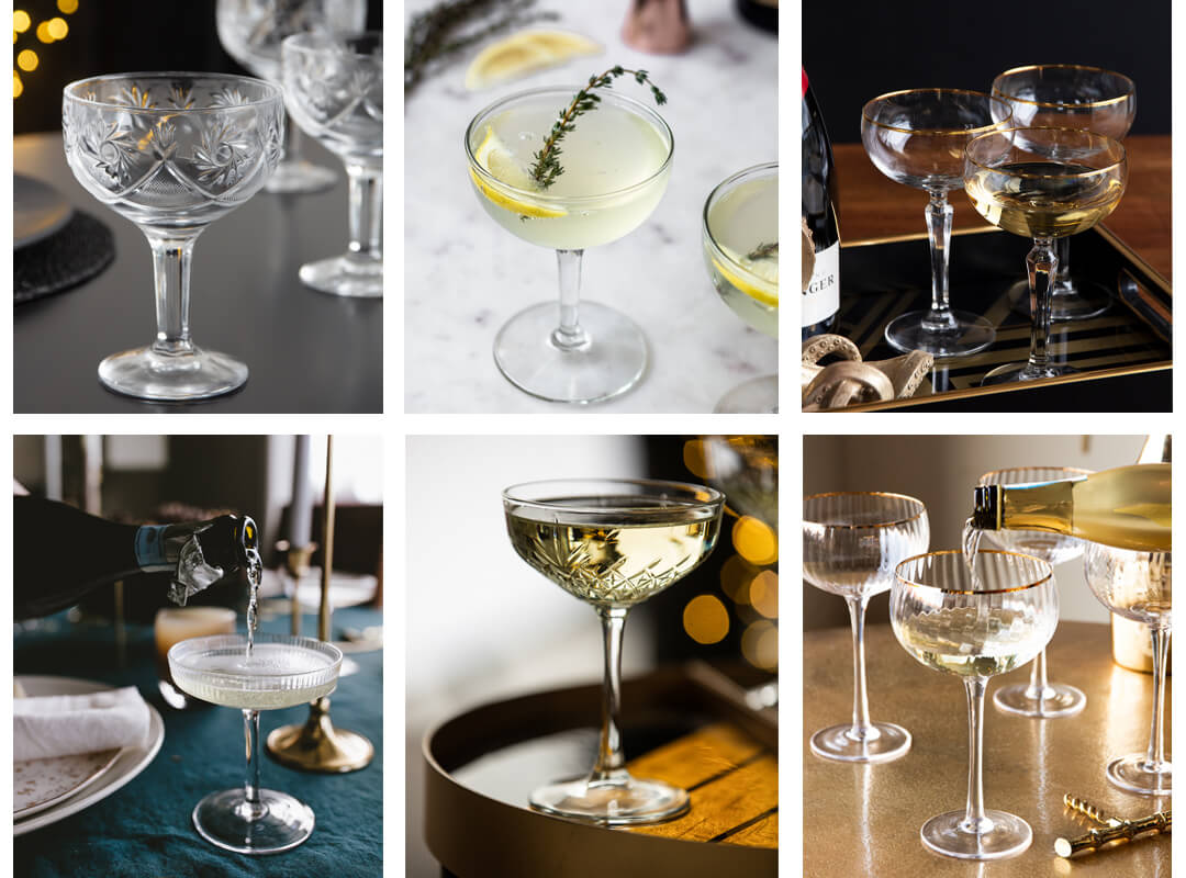 collage of images showing a selection of coupe cocktail glasses and champagne cocktails