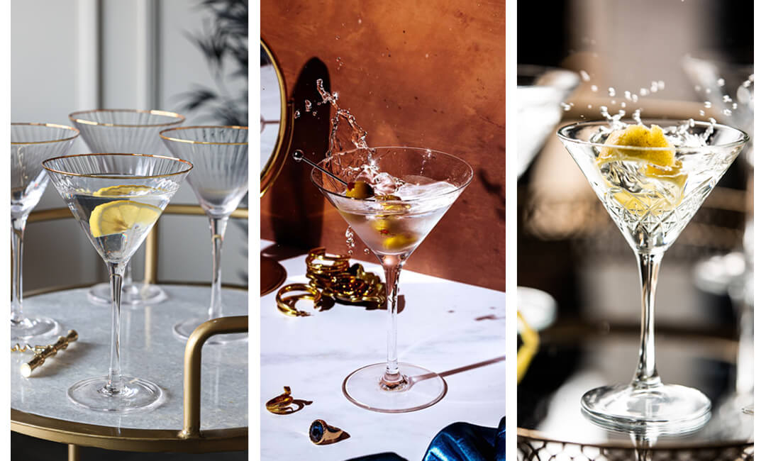 collage of images showing martini glasses for cocktails