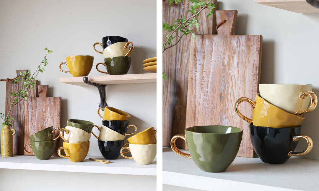 images of four different coloured coffee mugs on the counter and shelves for easy kitchen updates