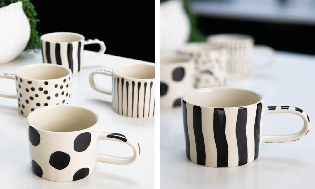 images showing monochrome mugs with spot and stripe patterns