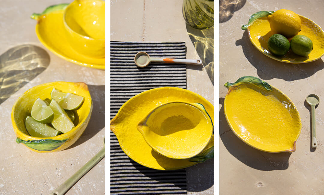 collage of images showing lemon bowl and plates for easy kitchen updates