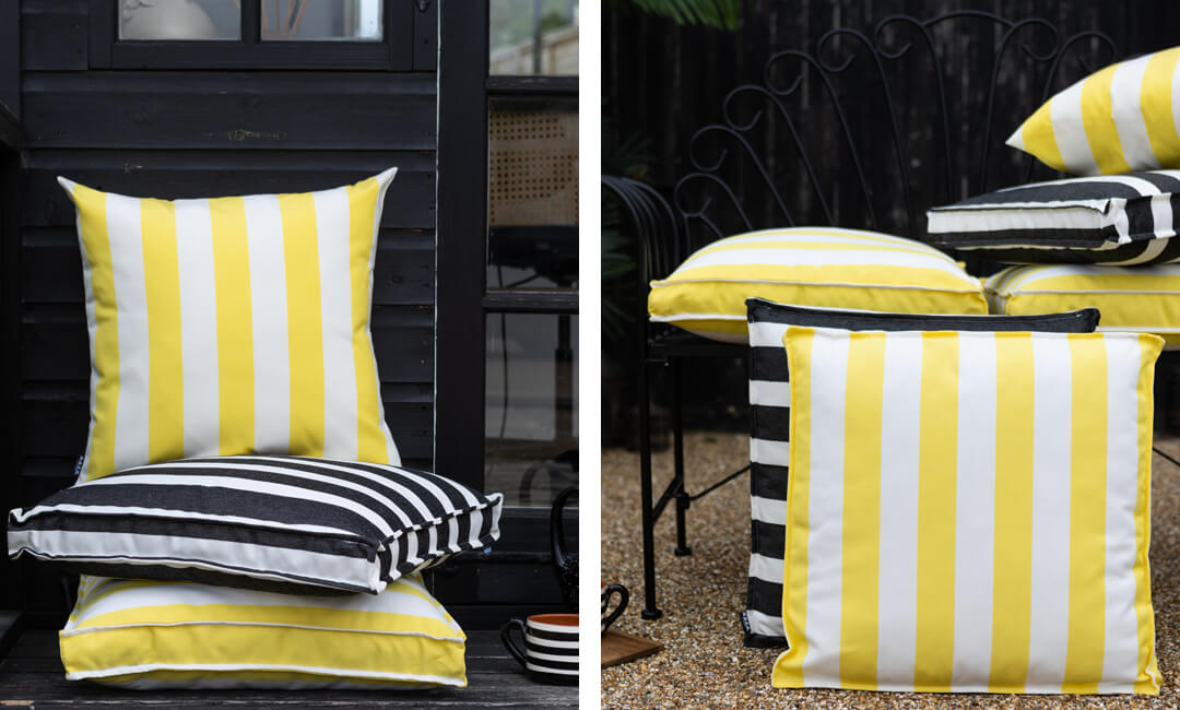 galerie de deux images montrant des coussins de jardin à rayures noires et blanches et jaunes et blanches