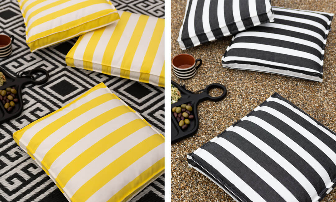 two images showing garden cushions in black & white and yellow & white stripes, styled for a picnic