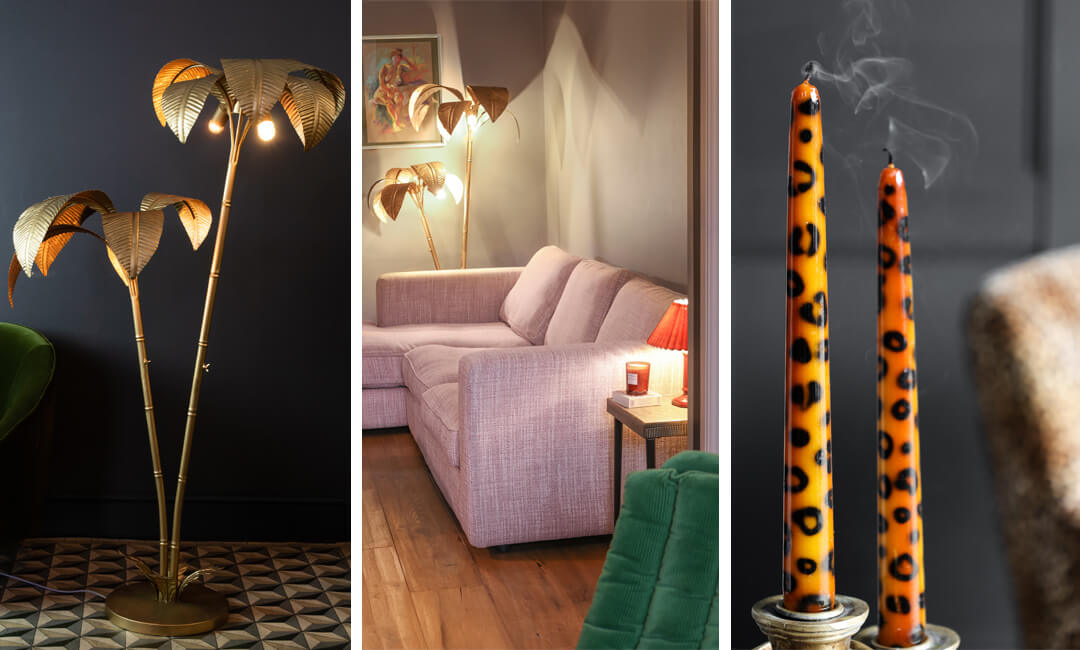 images d'un lampadaire palmier à deux tiges, d'un canapé d'angle et de bougies à imprimé léopard