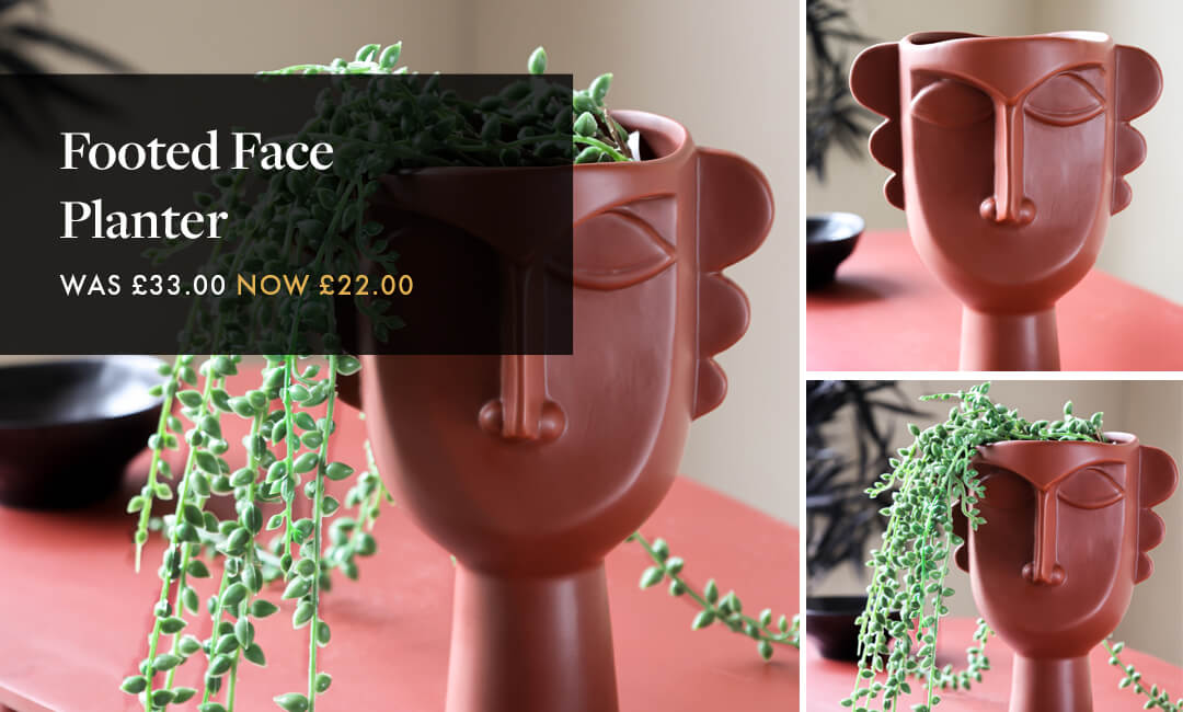 images of the terracotta footed face planter in the RSG summer sale
