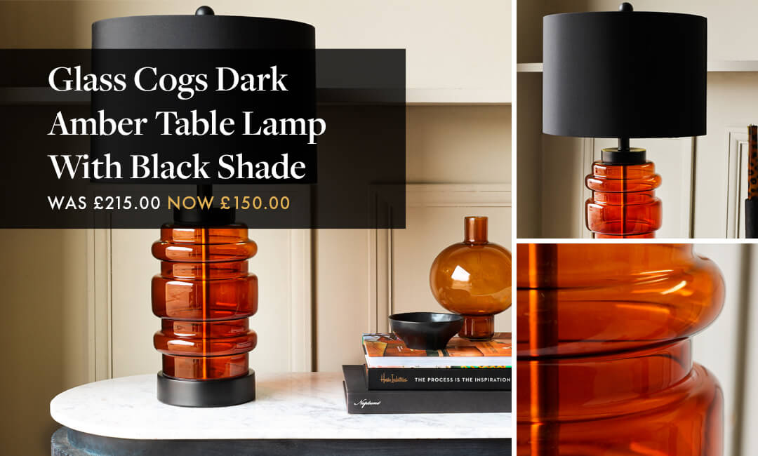 images of dark amber glass table lamp with a black shade in the summer sale