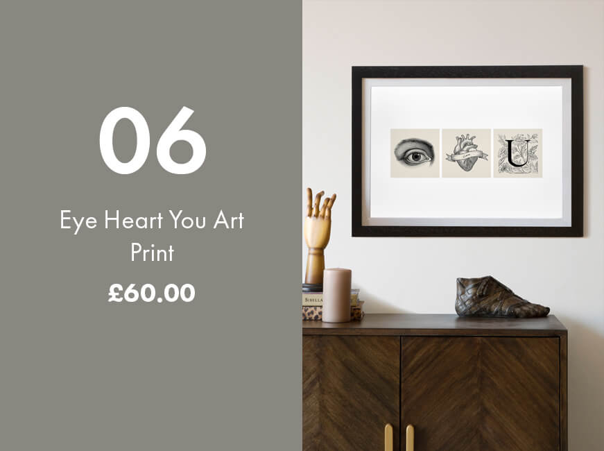 image of an art print with an eye, heart and the letter U to create the message I Love You